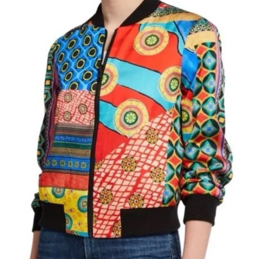 Alice + Olivia Multicolor Patchwork Print Bomber Jacket